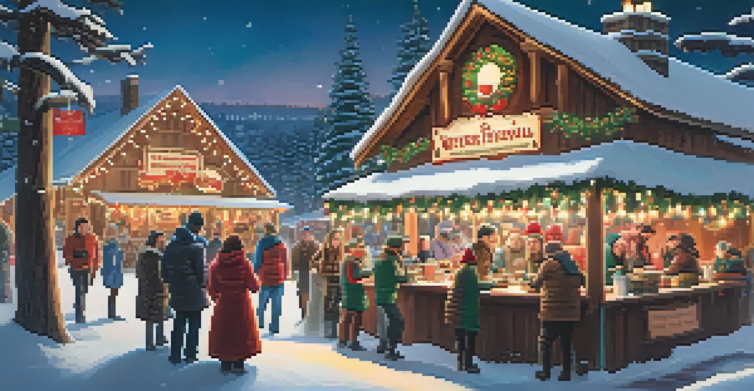 A winter food festival in Big Bear featuring friends enjoying chili and hot cocoa amidst snow and festive lights.