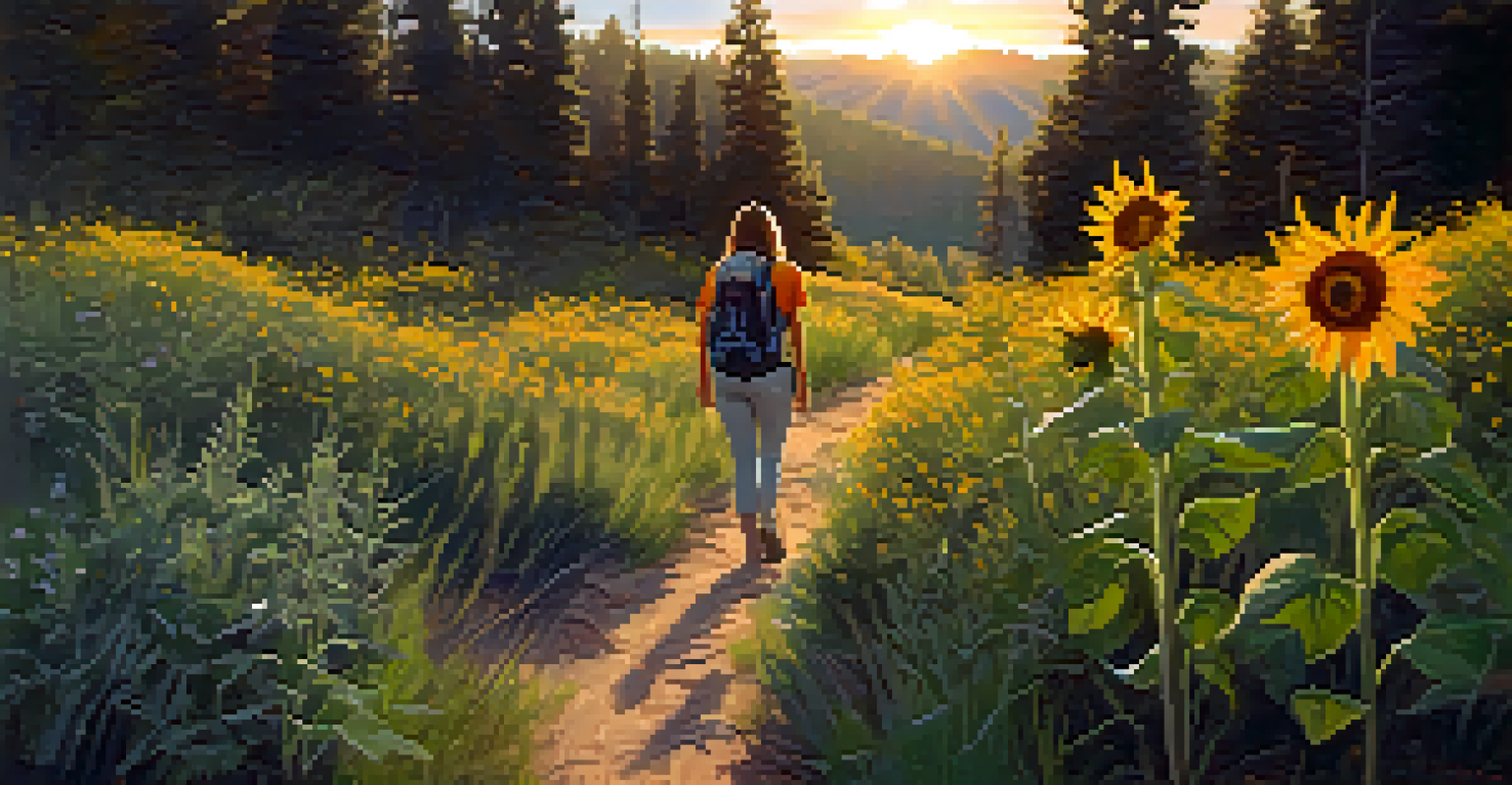 A serene summer hiking trail in Big Bear, adorned with sunflowers and goldenrod, illuminated by a warm sunset.