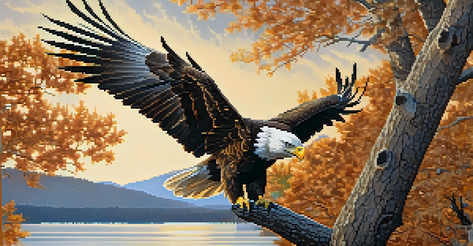 A detailed close-up of a bald eagle sitting on a branch, with Big Bear Lake and colorful autumn trees in the background.