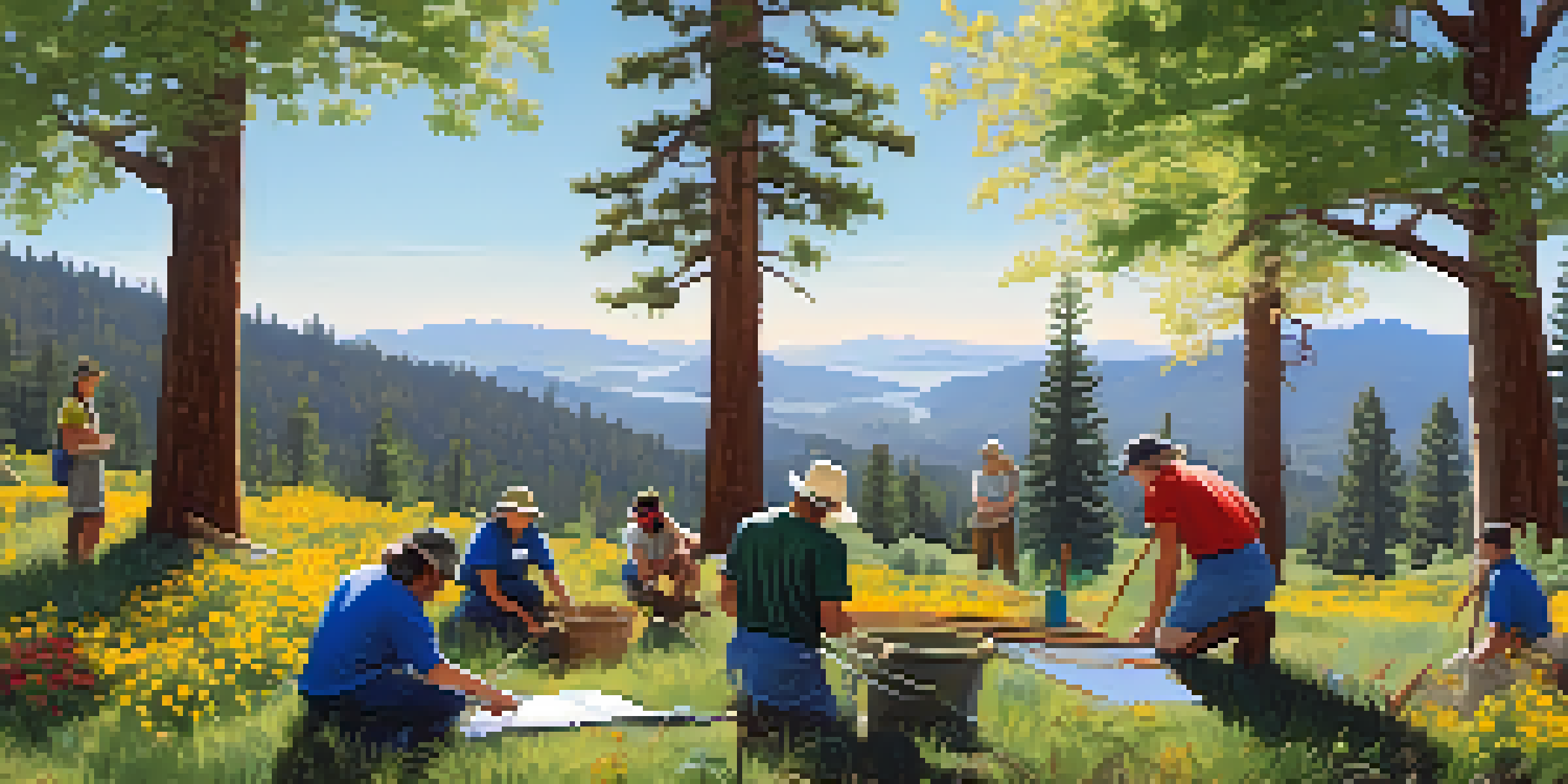 A scenic landscape of Big Bear Valley with volunteers planting trees and cleaning up, surrounded by green forests and colorful wildflowers under a blue sky.