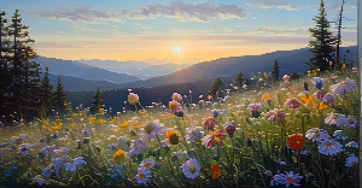 A close-up of dew-kissed wildflowers with a blurred mountainous landscape of Big Bear in the background during golden hour.