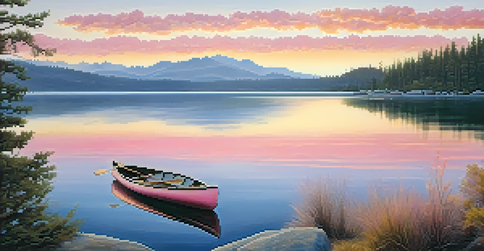 A peaceful sunrise at Big Bear Lake with mountains reflecting in the water and a canoe.