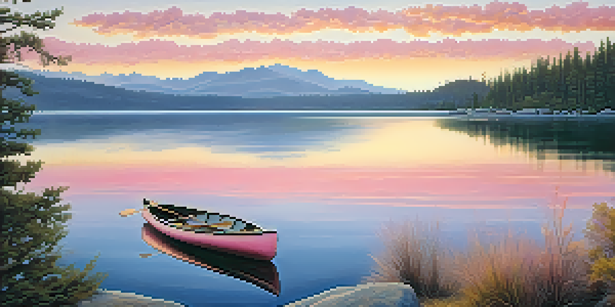 A peaceful sunrise at Big Bear Lake with mountains reflecting in the water and a canoe.