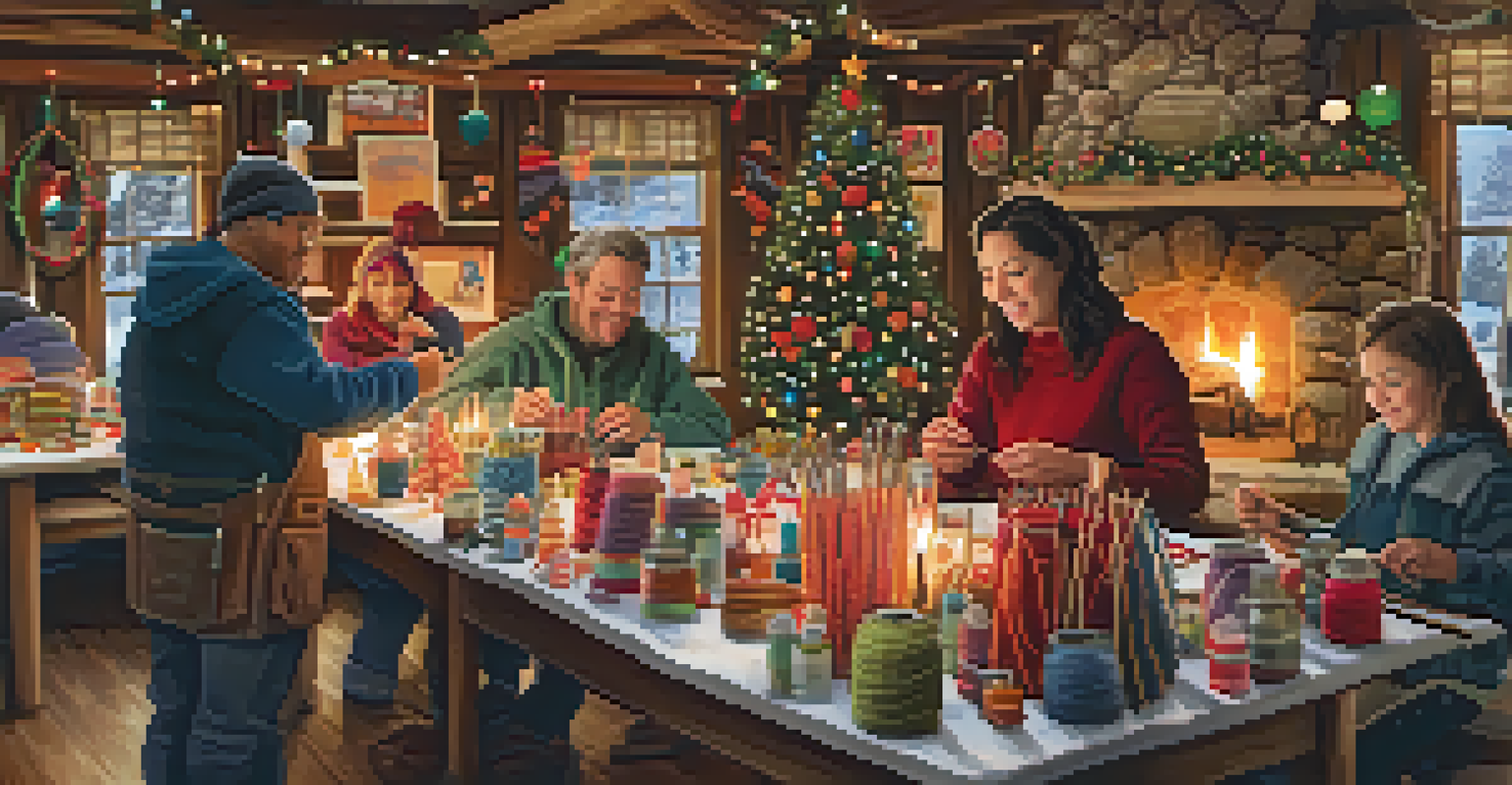 A winter workshop in Big Bear where people are creating handmade ornaments by a fireplace.