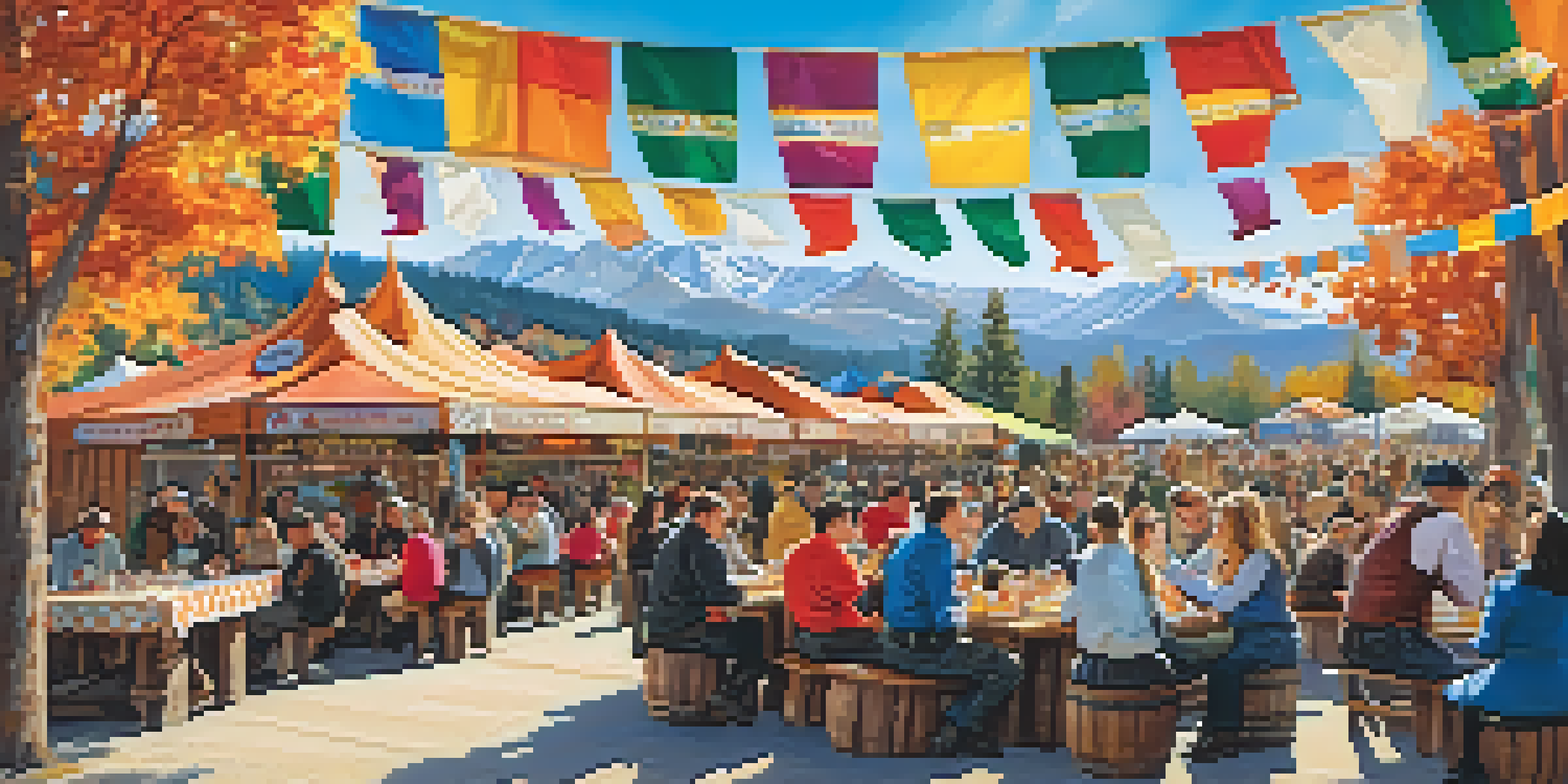 Families gathered around tables enjoying traditional German food at Big Bear's Oktoberfest with colorful decorations and mountain scenery in the background.