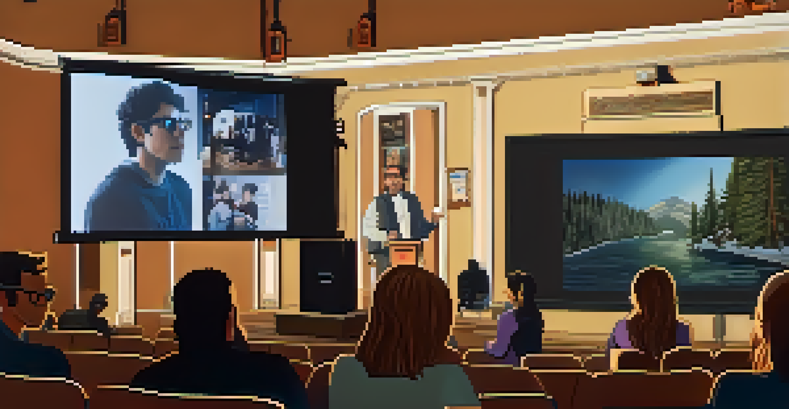 A young female filmmaker presenting her short film at the Big Bear Film Festival, with a projector displaying her film in the background and an attentive audience.