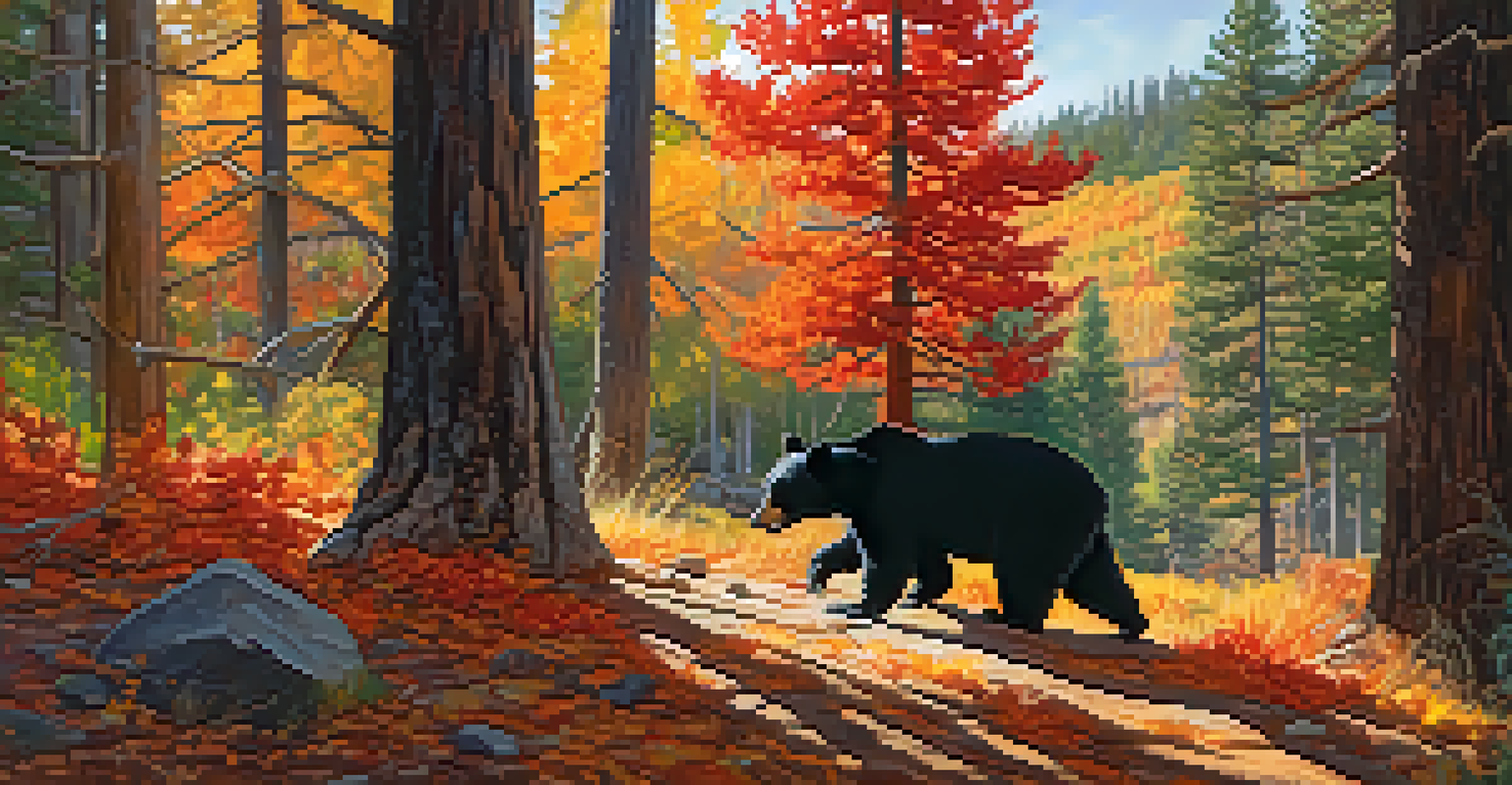 A black bear foraging in colorful autumn foliage near Big Bear Lake, with sunlight filtering through the trees.