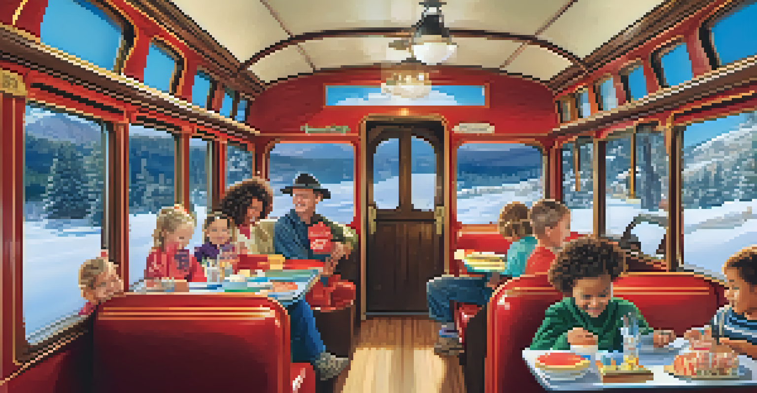 Families enjoying activities inside a vintage train, with children engaged in crafts and storytelling.