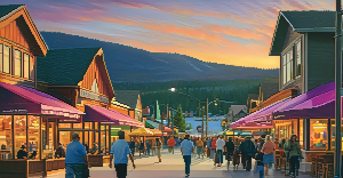 A picturesque sunset view of Big Bear Lake Village with illuminated shops and restaurants, surrounded by mountains and a colorful sky.