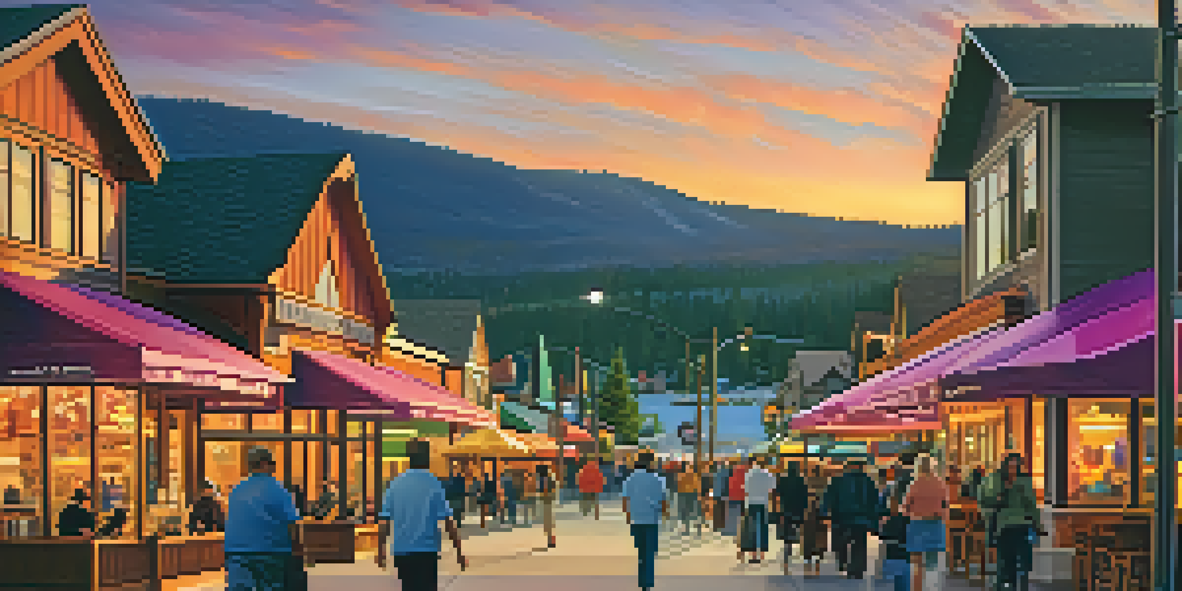A picturesque sunset view of Big Bear Lake Village with illuminated shops and restaurants, surrounded by mountains and a colorful sky.