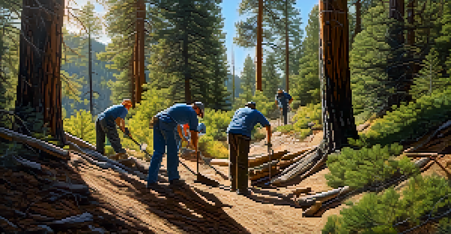 Volunteers maintaining a trail in Big Bear National Park, with trees and sunlight creating a beautiful forest environment.