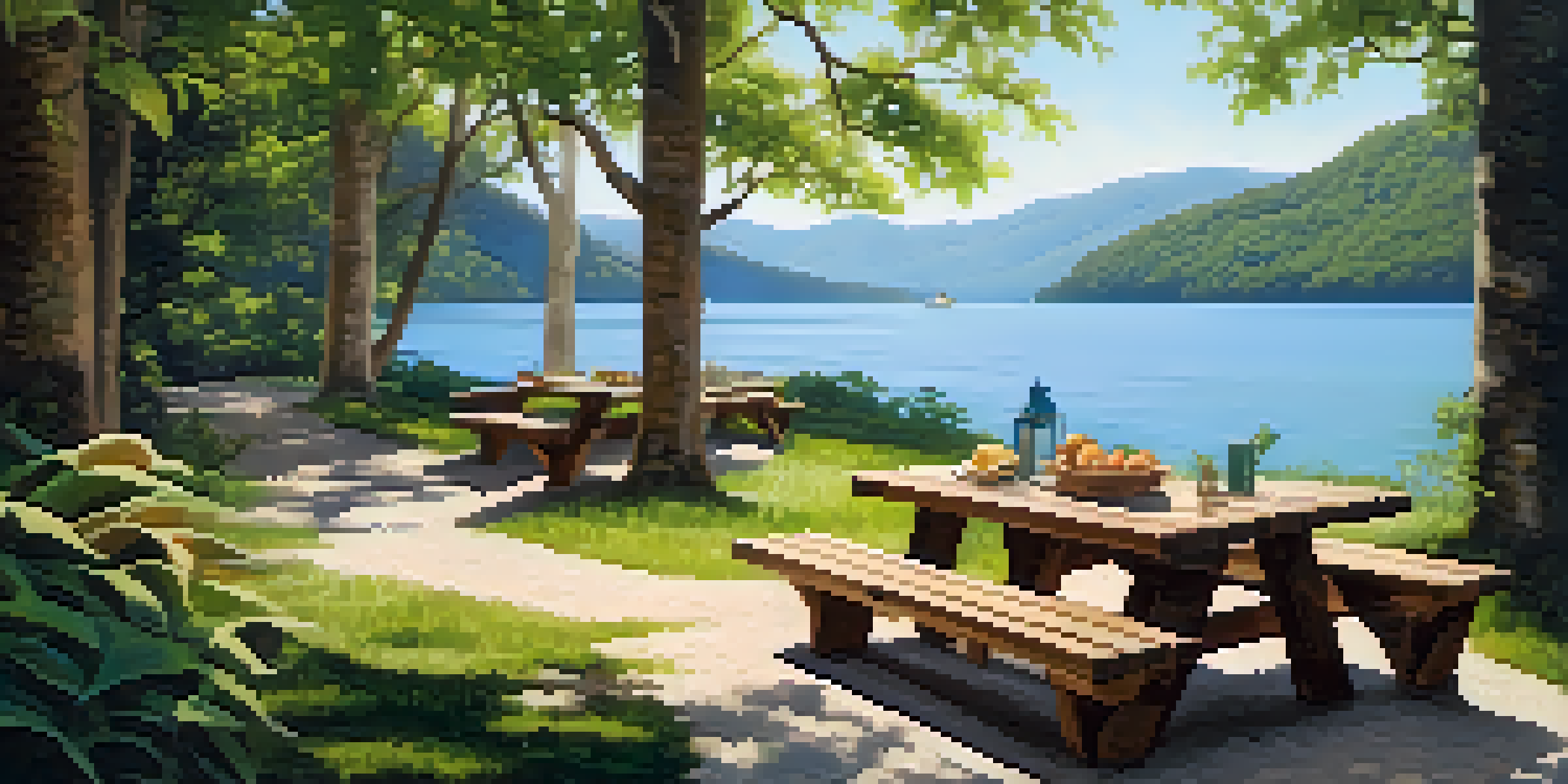 A quiet picnic setup at Grout Bay with a wooden table surrounded by greenery and a lake.