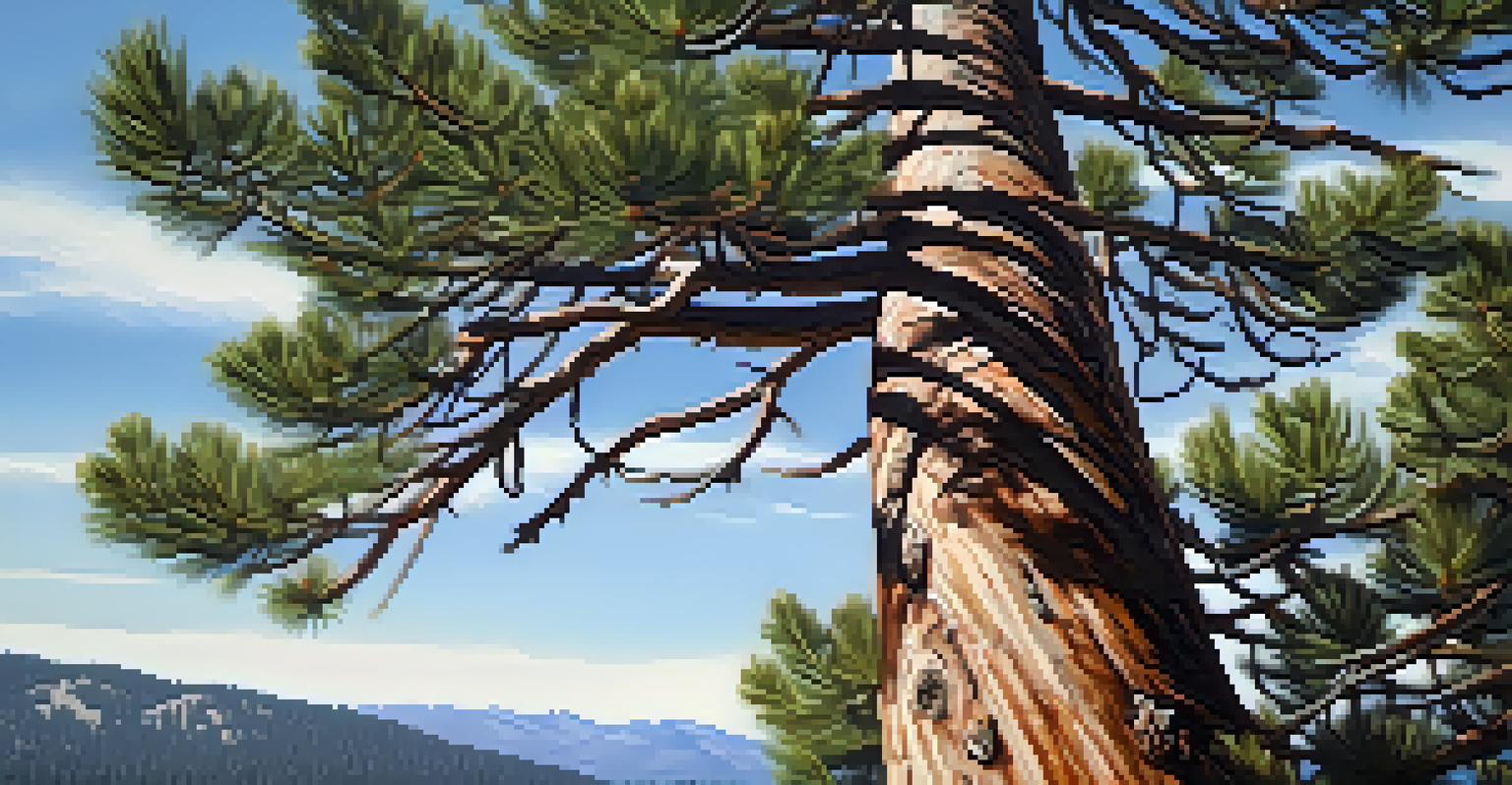 Close-up of a Jeffrey Pine tree with distinctive bark and a blurred mountainous background.