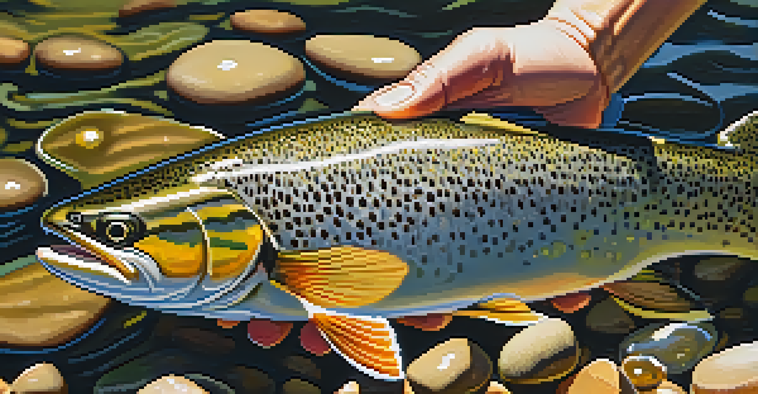 Close-up of a trout being released back into Big Bear Lake, with clear water and aquatic plants in the background.