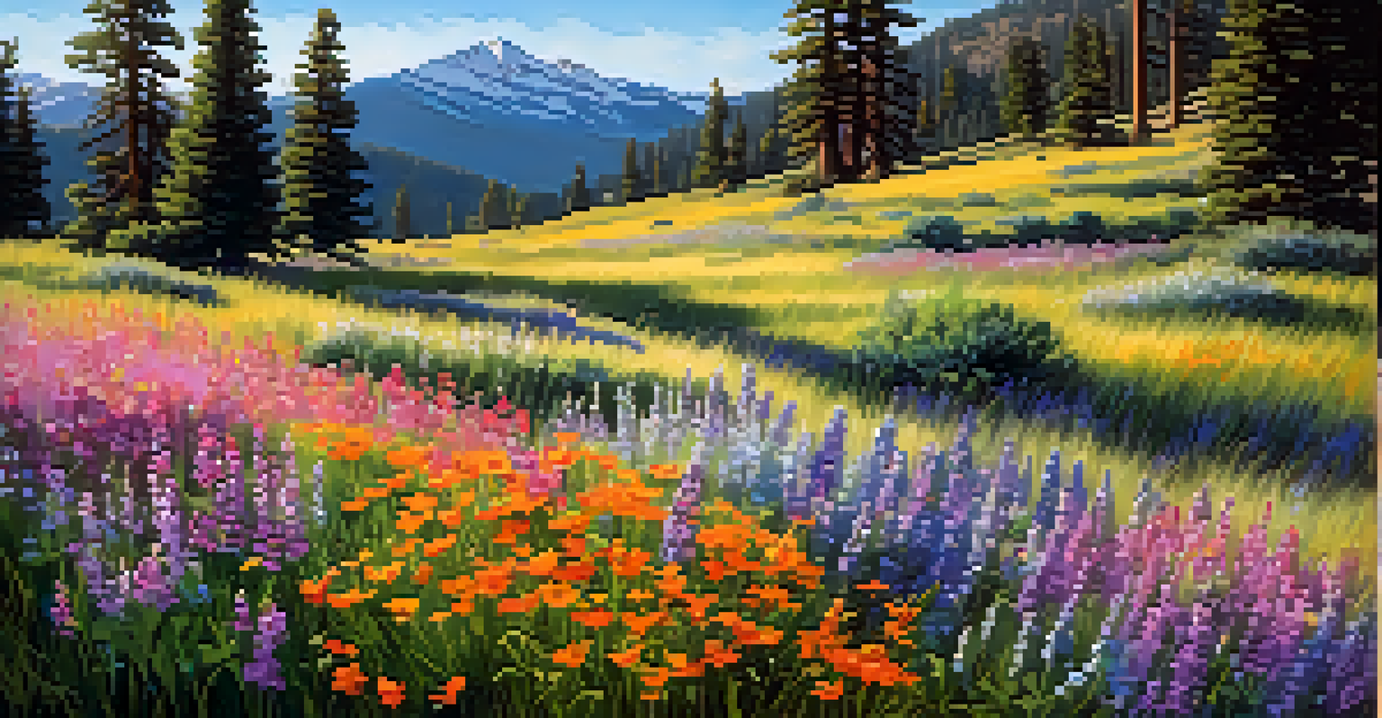 A colorful meadow filled with wildflowers, with mountains and trees in the background.