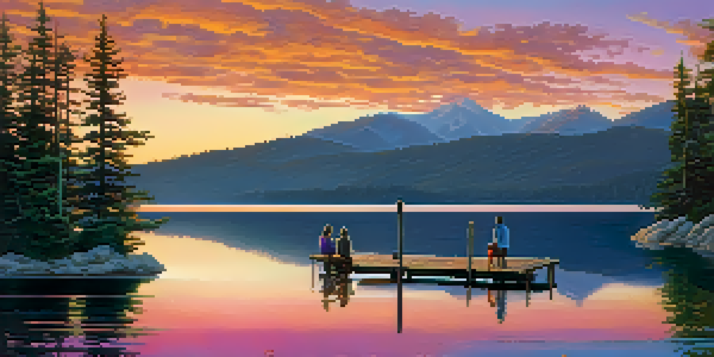 A picturesque sunset at Big Bear Lake, with a dock and a couple enjoying the view.