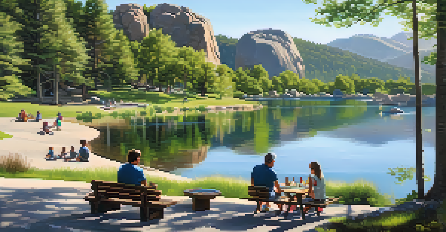A family having a picnic by the lake at Boulder Bay Park with ducks swimming nearby.