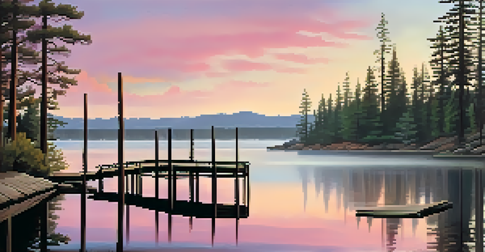 A serene sunrise scene over Big Bear Lake, with mist rising from the water and colorful skies reflecting on the lake's surface.