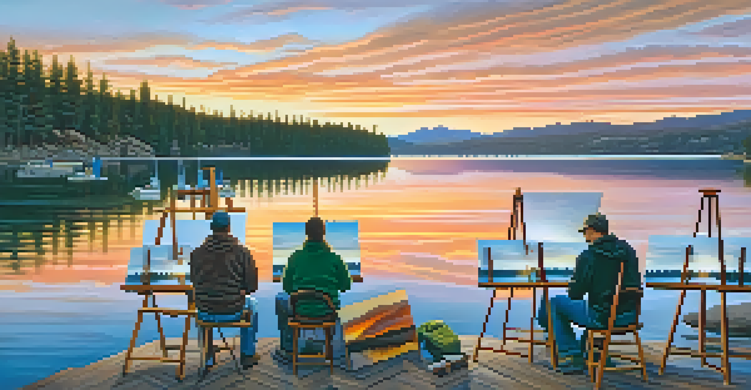 An artist group by Big Bear Lake at sunset, with vibrant sky reflections on the water.