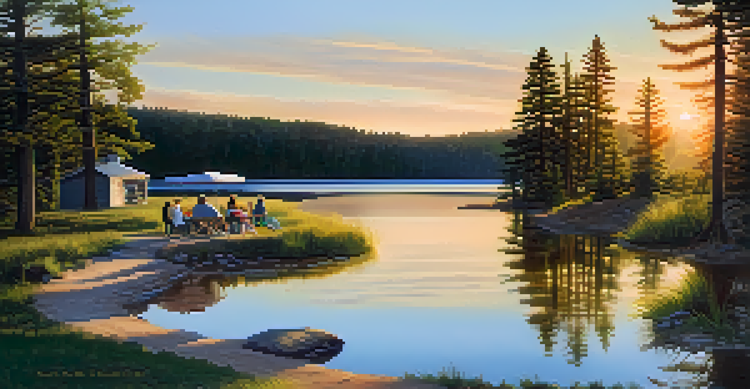 A peaceful view of Baldwin Lake at sunset, surrounded by off-road trails and families enjoying picnics by the water.
