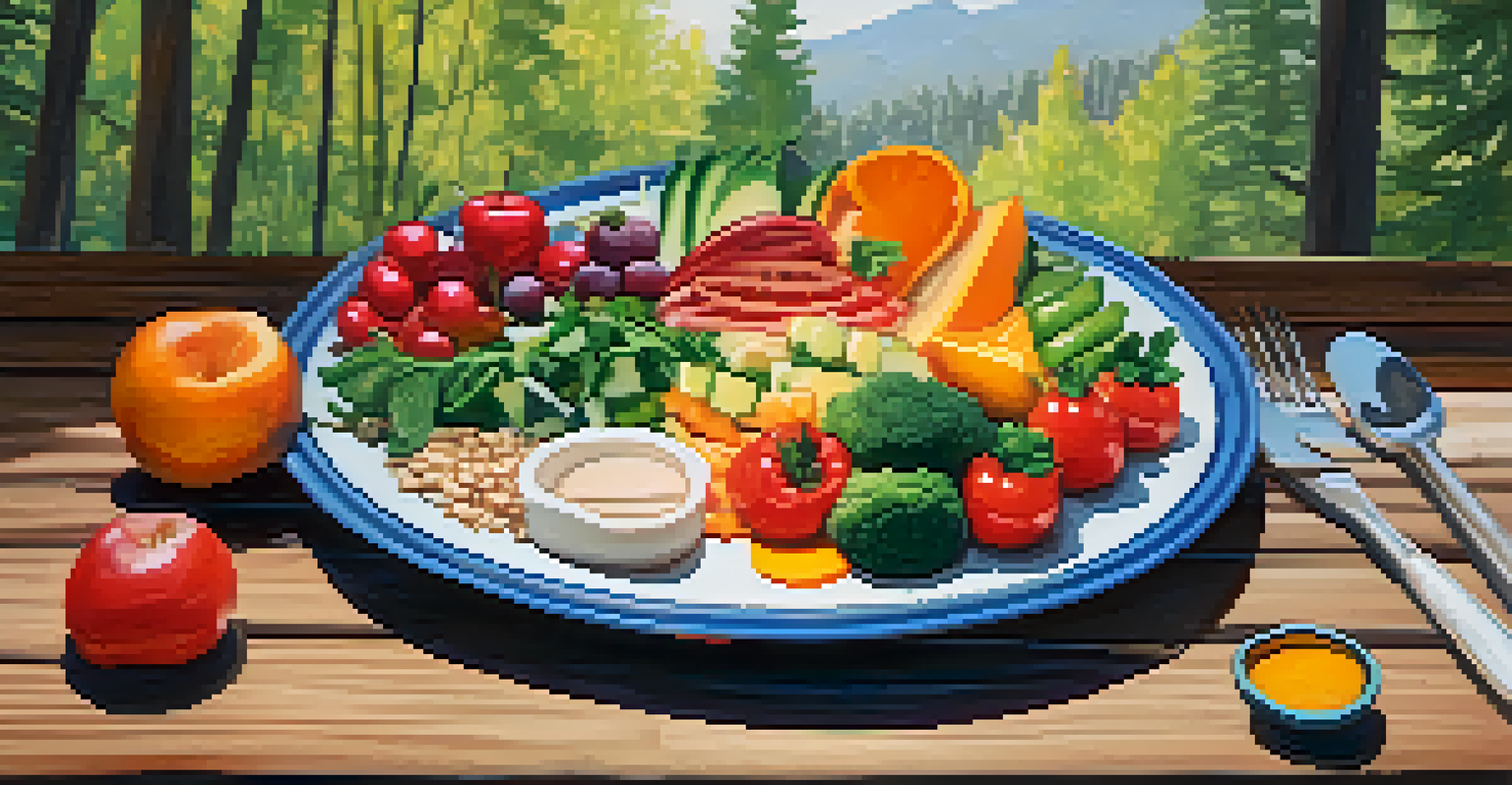 A close-up of a colorful and healthy meal featuring fresh vegetables and fruits, presented on a rustic wooden table with natural light.