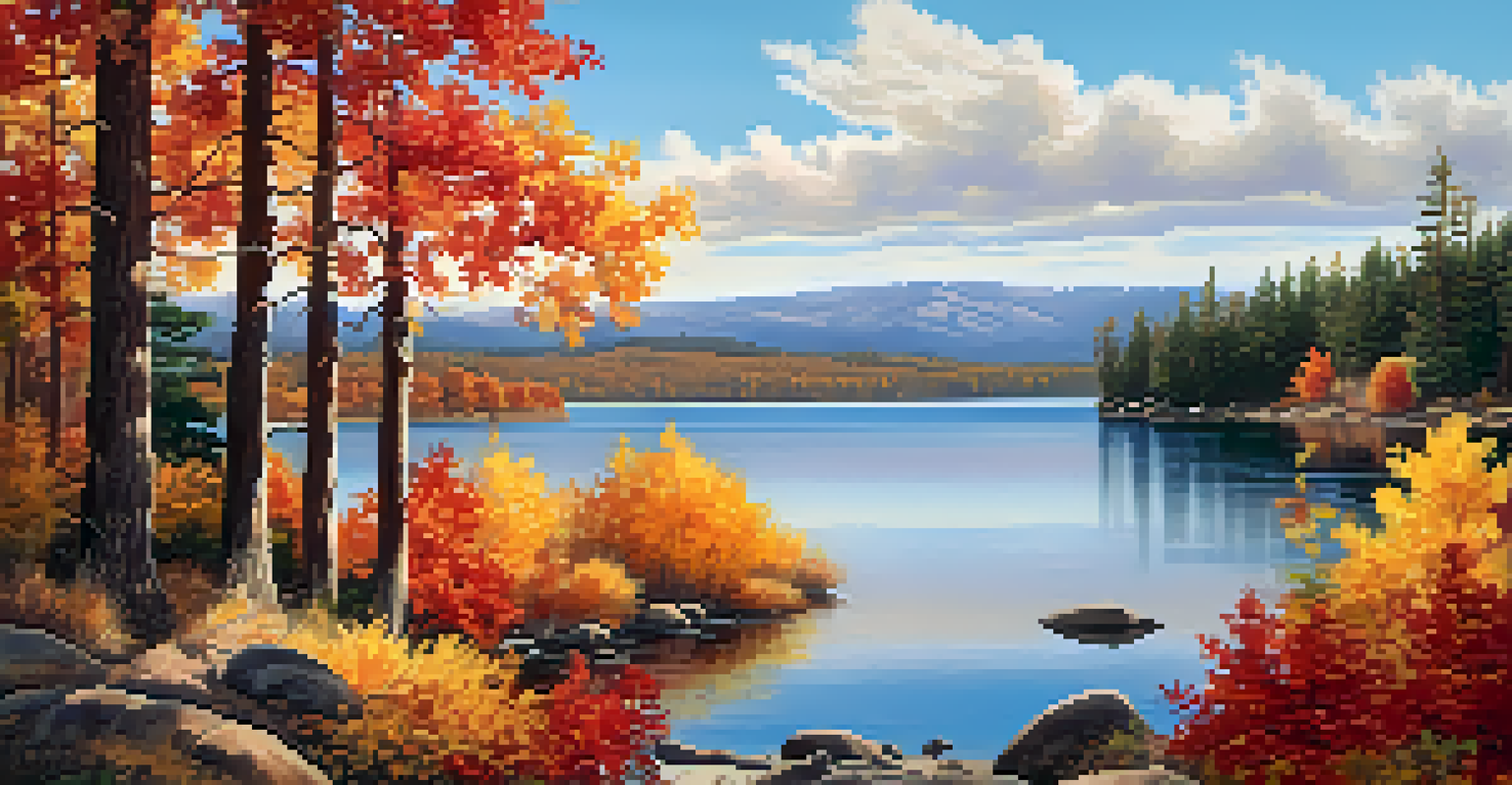A beautiful autumn scene of a lake surrounded by colorful fall foliage and a clear blue sky.