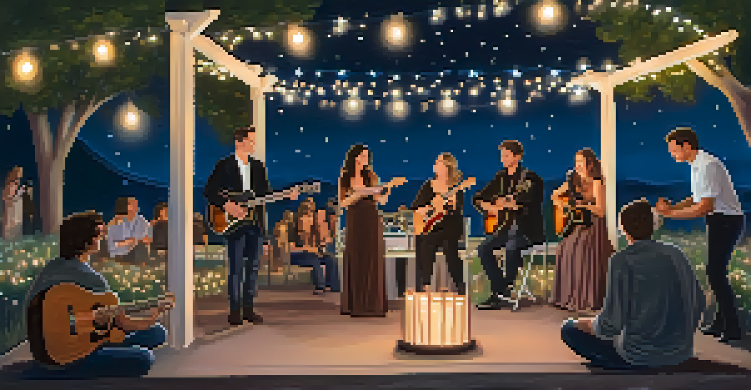 A romantic outdoor concert with couples under the stars, enjoying acoustic music in a cozy setting.