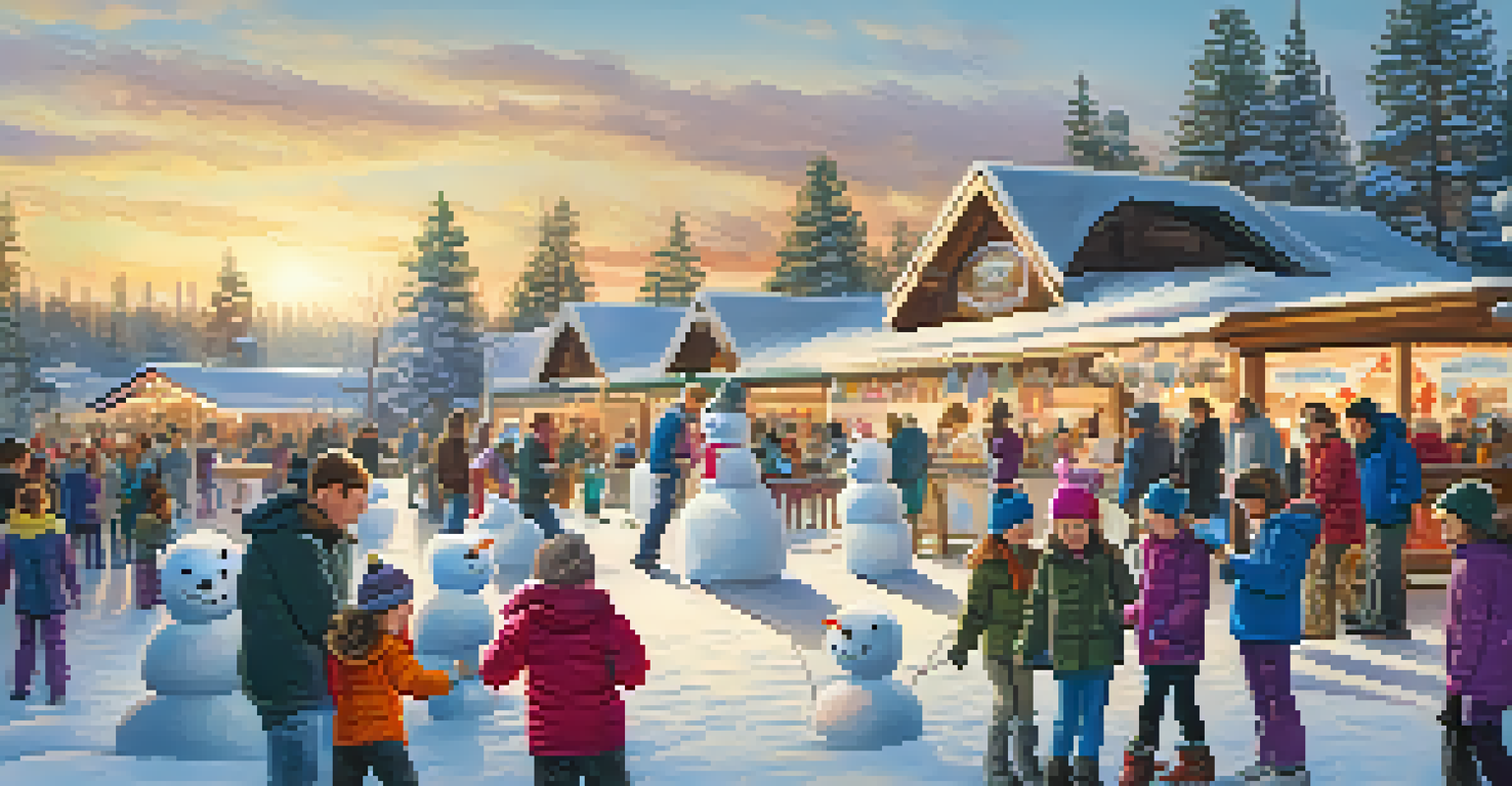 Families enjoying the Big Bear Lake Winter Festival with snowmen, ice skating, and a snow sculpture competition under a sunset sky.