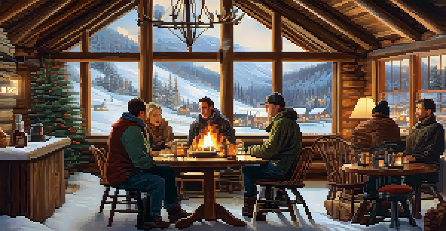 An inviting lodge interior with a fireplace, patrons enjoying food and drinks, and a snow-covered landscape visible through the windows.