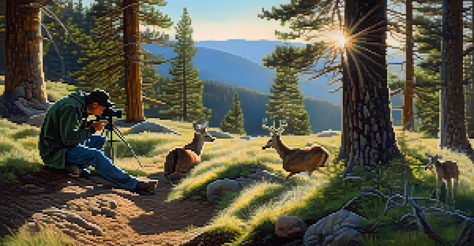 A photographer kneeling behind a camera in an alpine forest, focusing on a deer in the distance.
