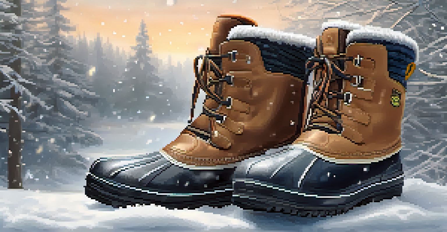 A close-up of insulated snow boots on a snowy surface with snowflakes falling in the background.