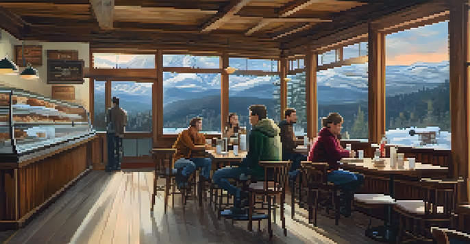 Interior of a cozy café in Big Bear with wooden furniture, warm lighting, and a view of snowy mountains outside.
