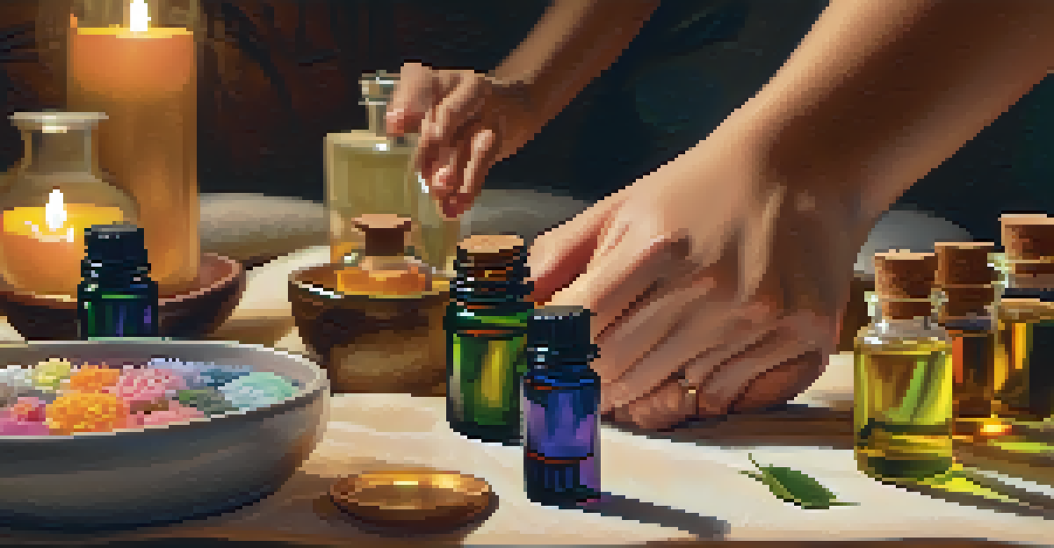 A therapist's hands applying essential oils during an aromatherapy massage, surrounded by colorful oil bottles in a peaceful setting.