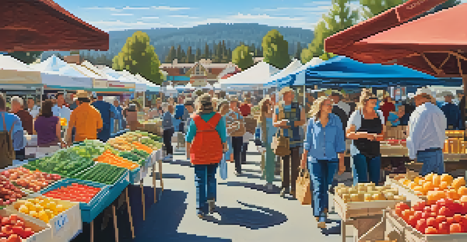 A lively farmers' market with vendors selling fresh produce and artisanal goods, set under a clear blue sky.