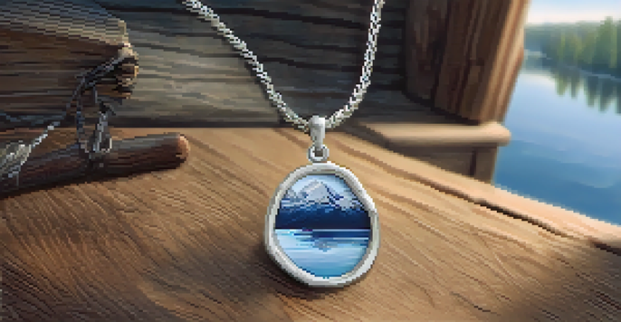 A close-up of a handcrafted silver necklace with a lake-inspired pendant, showcasing intricate details and blue gemstones, on a rustic wooden table with a view of nature in the background.