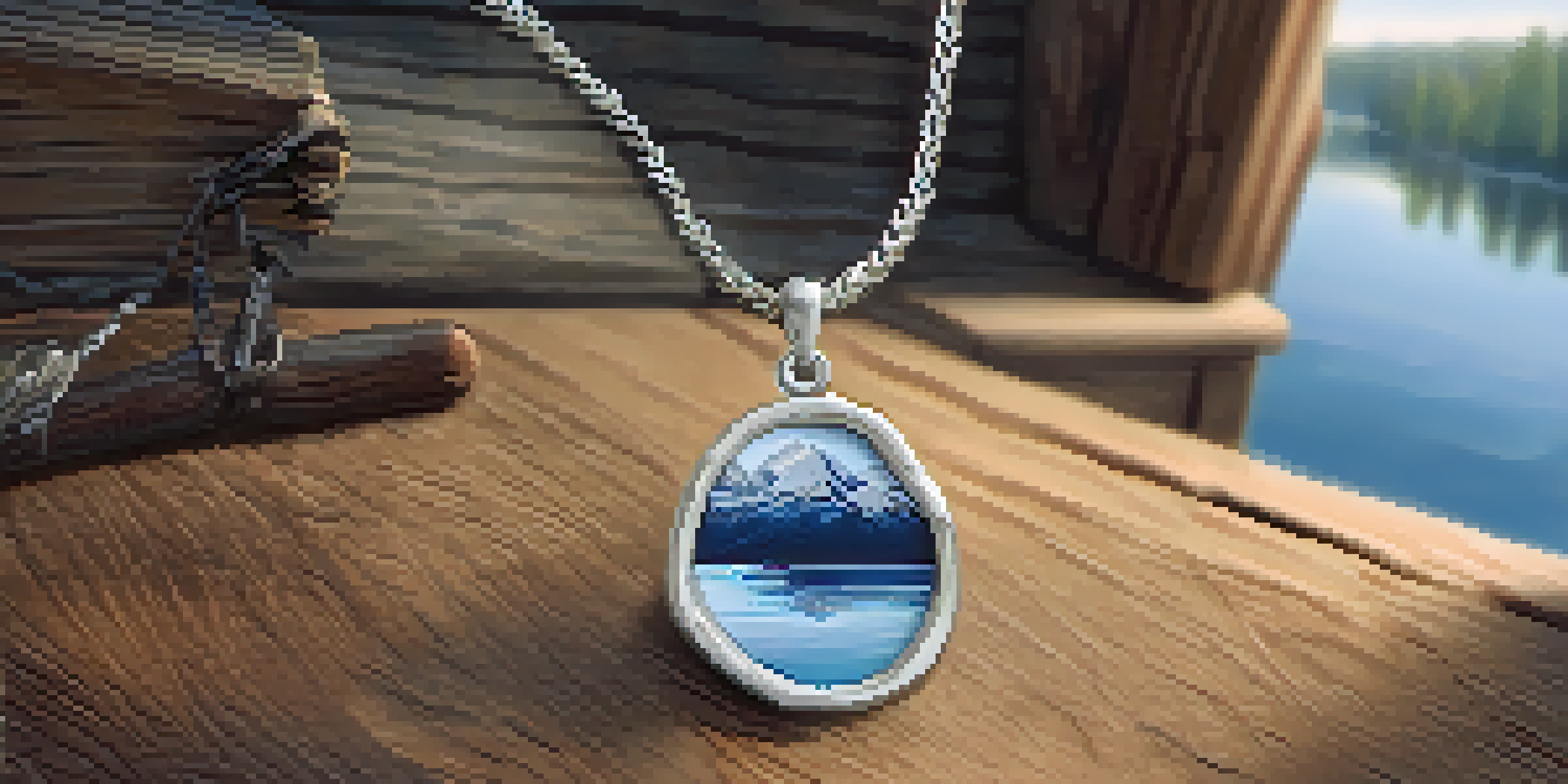A close-up of a handcrafted silver necklace with a lake-inspired pendant, showcasing intricate details and blue gemstones, on a rustic wooden table with a view of nature in the background.
