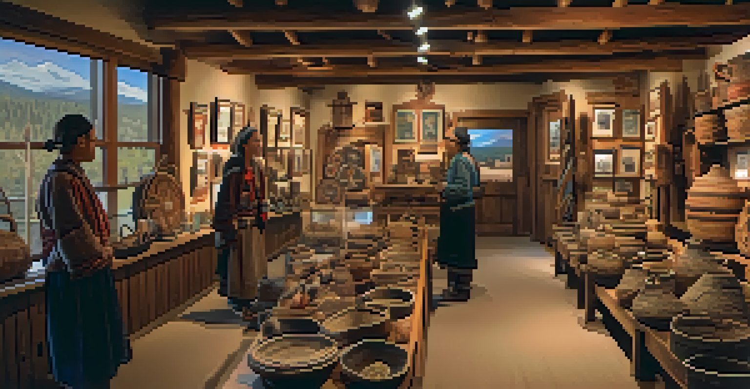 Inside the Big Bear Historical Museum with artifacts from the Serrano tribe on display and visitors exploring the exhibits.