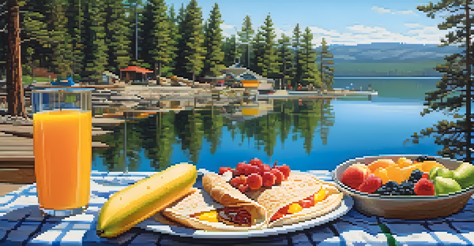 A family enjoying breakfast outdoors at Big Bear Lake with a picturesque view.