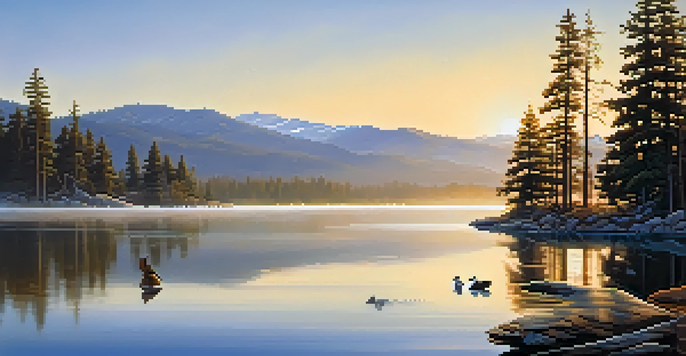 A beautiful sunrise over Big Bear Lake, with mist on the water and bald eagles in the sky.