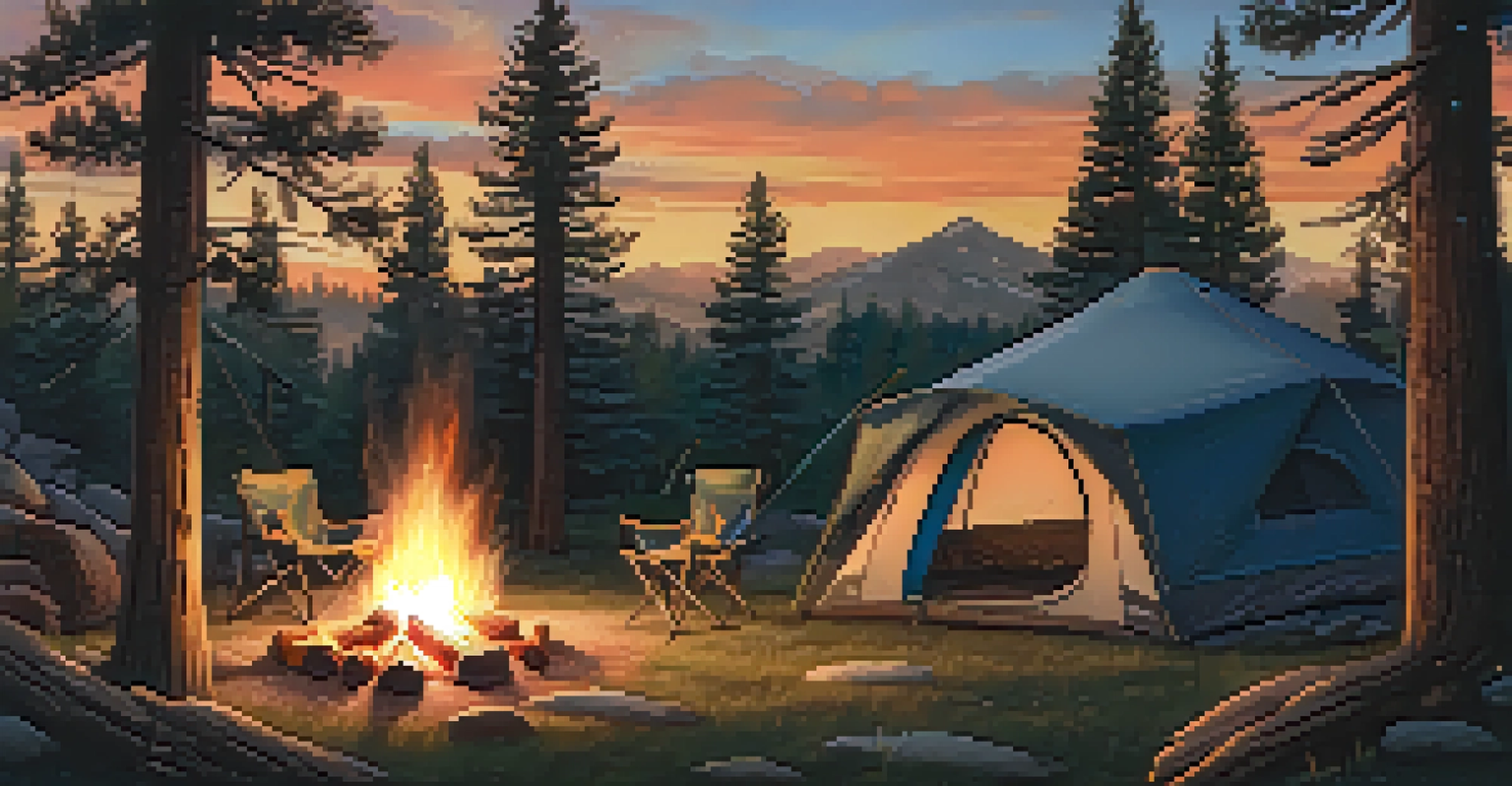 A campsite with a tent and campfire under a starry night sky at Big Bear Lake.