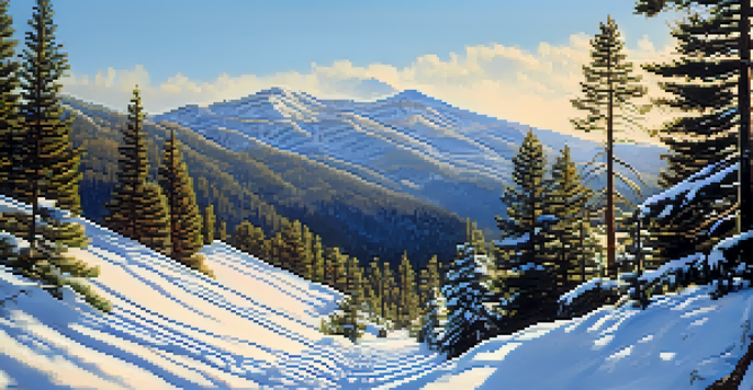 A winter landscape featuring snow-covered trees and a hiking trail leading to a mountain peak.
