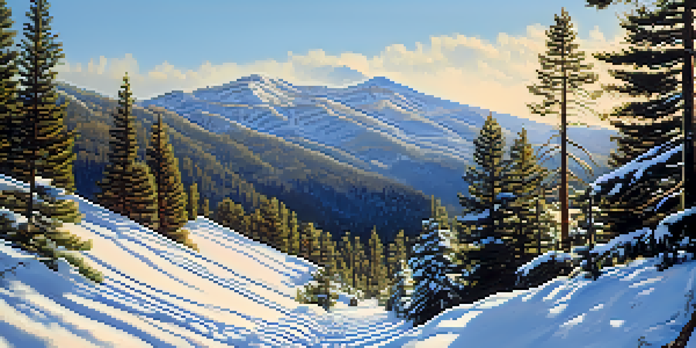 A winter landscape featuring snow-covered trees and a hiking trail leading to a mountain peak.