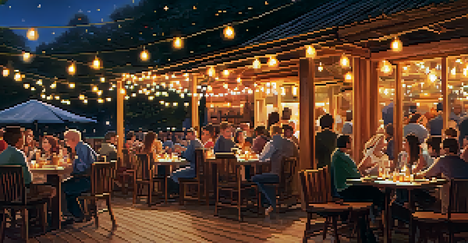 An outdoor restaurant scene at night with diners enjoying food under fairy lights and a live band.