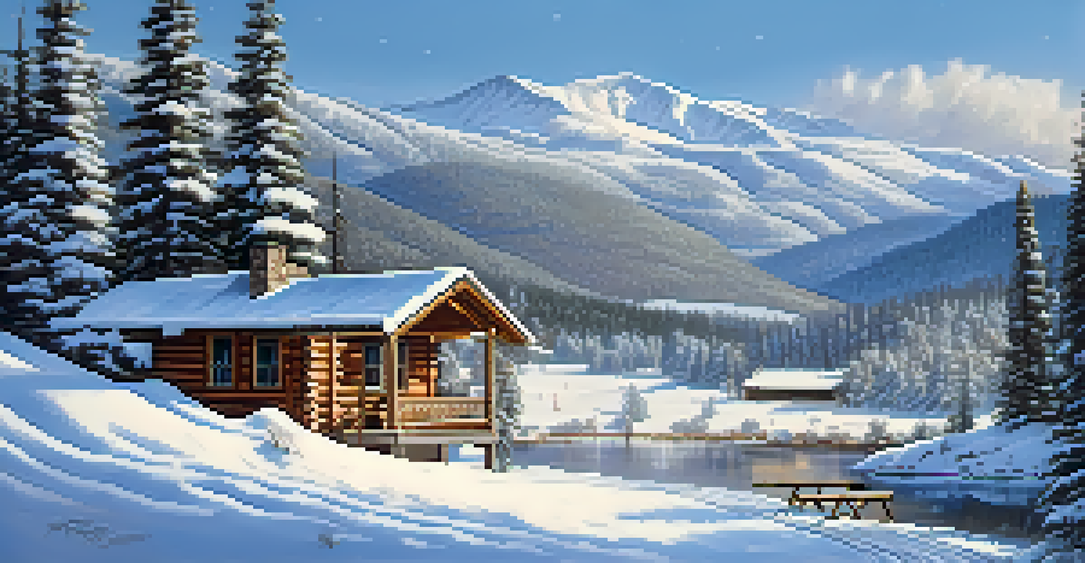 A snow-covered cabin in Big Bear surrounded by mountains and falling snowflakes.