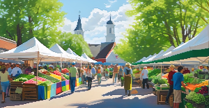 A lively farmers market in spring with fresh produce like asparagus, lettuce, and herbs, surrounded by blooming flowers and sunlight.