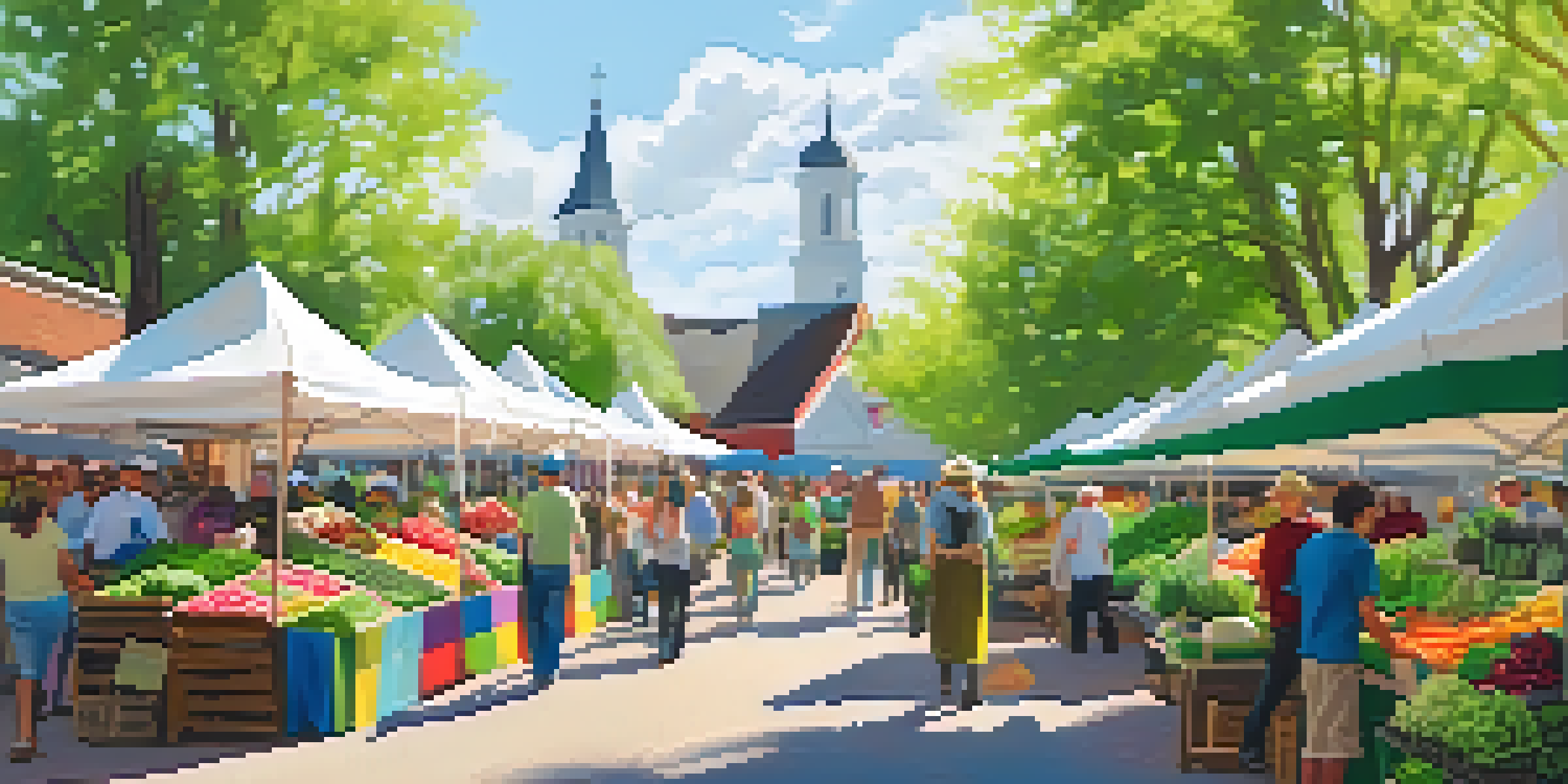 A lively farmers market in spring with fresh produce like asparagus, lettuce, and herbs, surrounded by blooming flowers and sunlight.