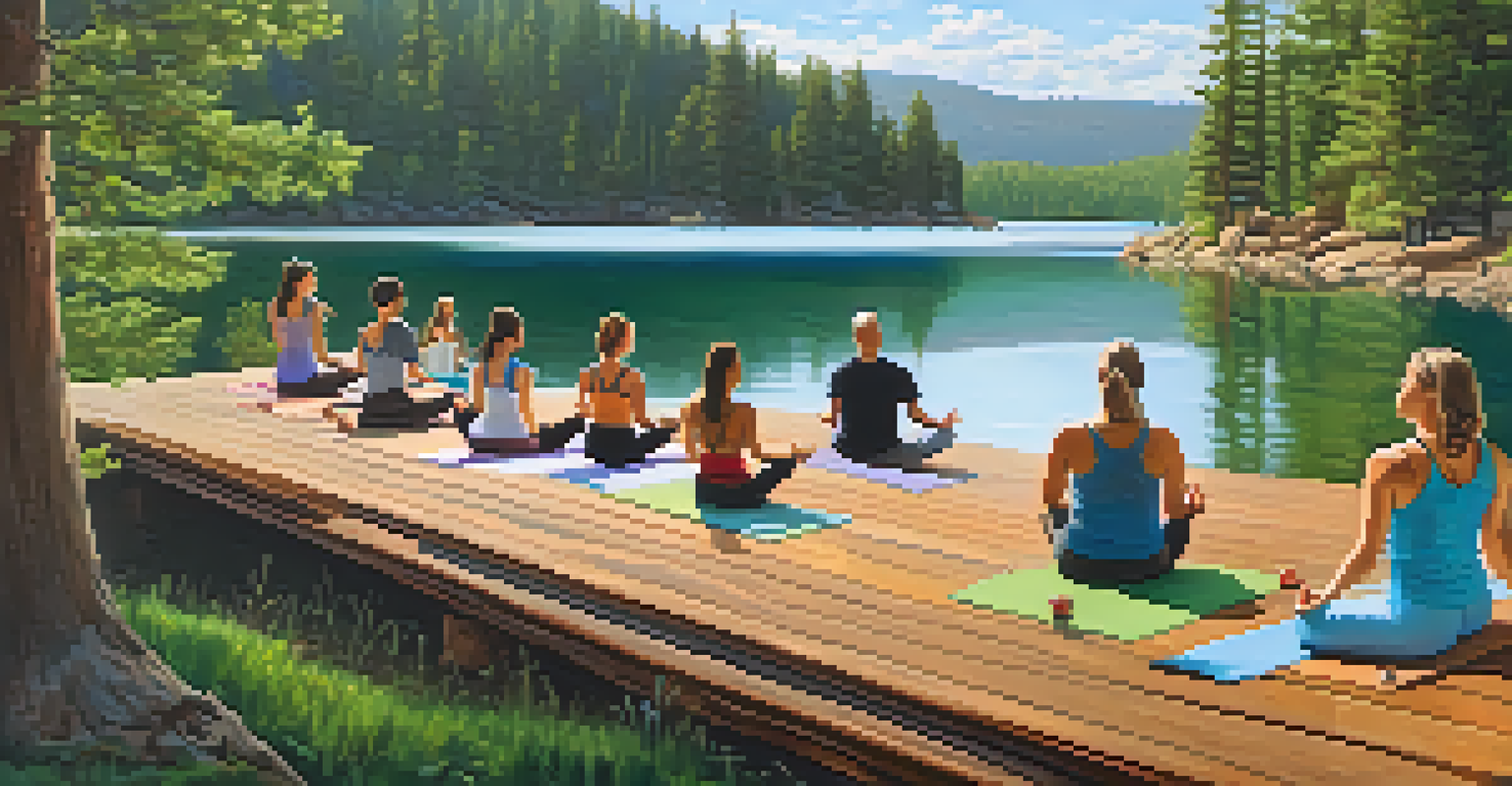 A peaceful yoga class taking place on a wooden deck by a lake in the mountains, surrounded by trees and reflecting blue skies.