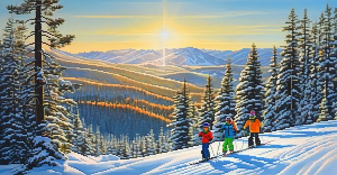 A family of four skiing together on a sunny winter day in Big Bear, surrounded by snow-covered trees and mountains.
