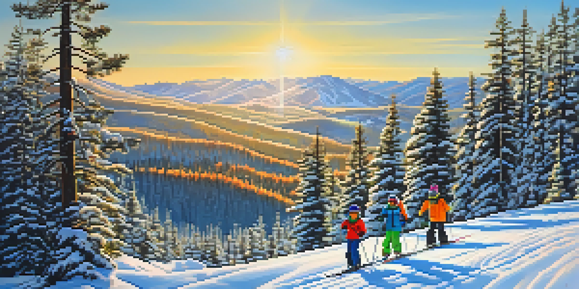 A family of four skiing together on a sunny winter day in Big Bear, surrounded by snow-covered trees and mountains.