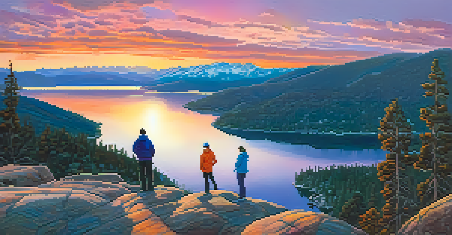 A couple enjoying a sunset view from a rocky outcrop overlooking a lake and mountains, with the sky filled with vibrant colors.
